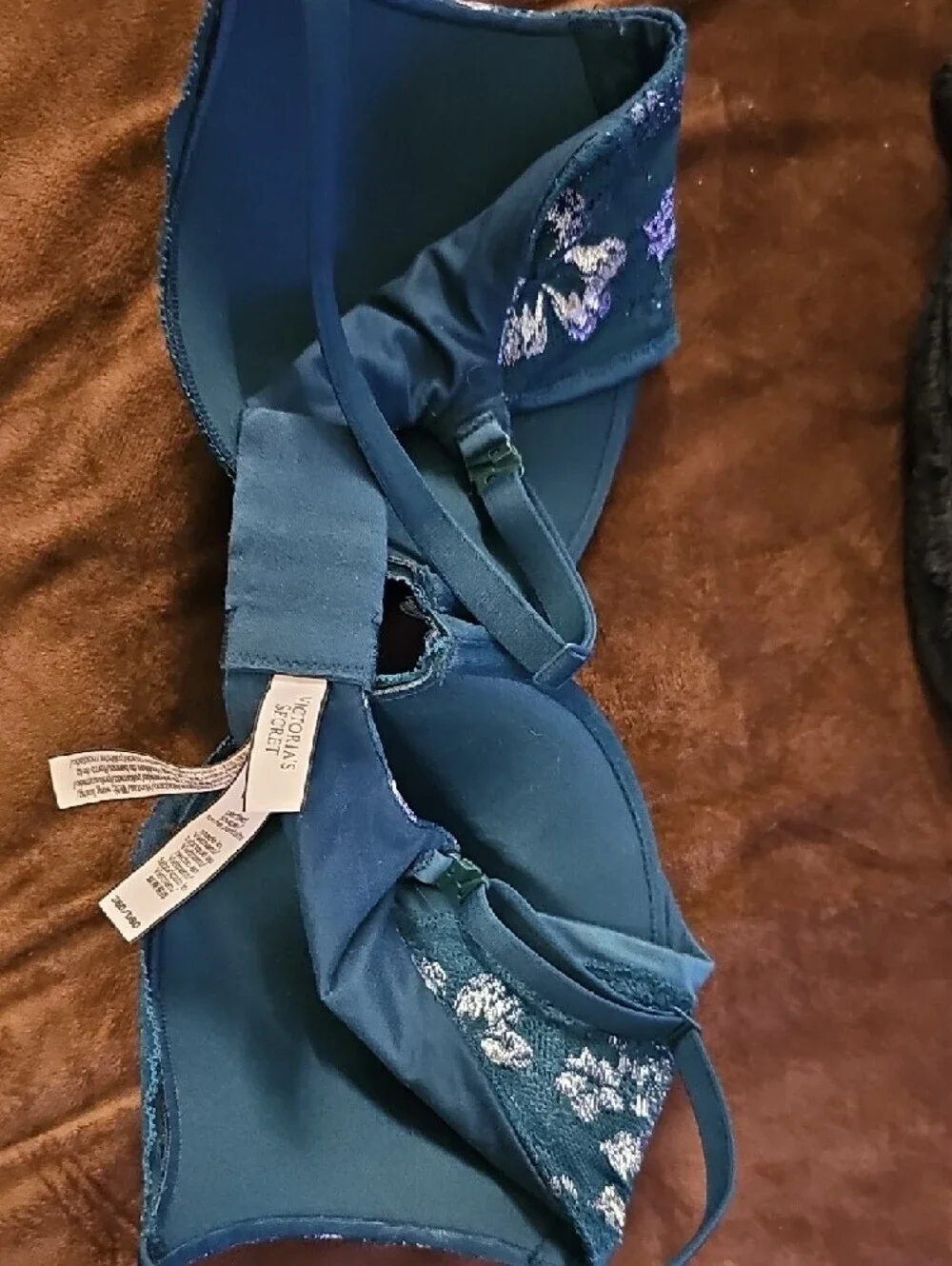 Victoria's Secret Teal Lace Underwire Bra with Floral Overlay